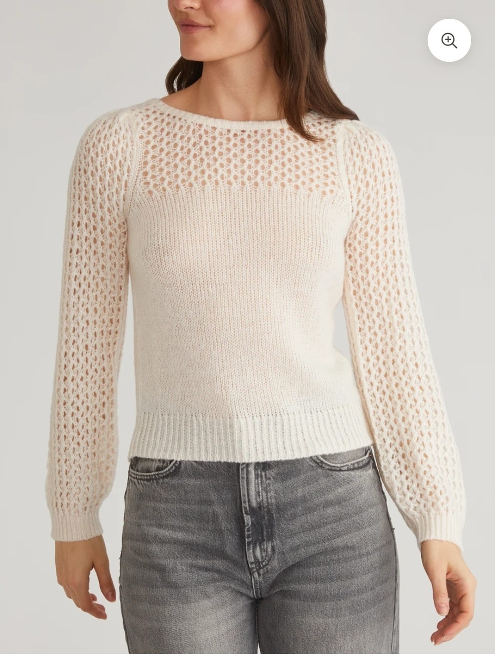 Brigid: Puff Sleeve Mesh Pullover Women's Cream Open-Knit Long Sleeve Sweater